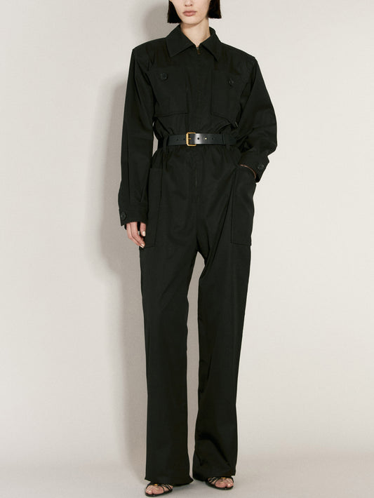 Belted Black Cotton Cargo Jumpsuit - Branna Couture