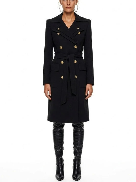 Belted Black Double Breasted Tailored Coat - S - Coats