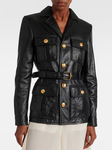 Belted Black Lambskin Leather Safari Jacket Branna Couture