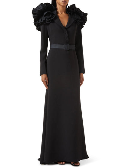 Belted Black Ruffled Shoulder Crepe Buttoned Gown