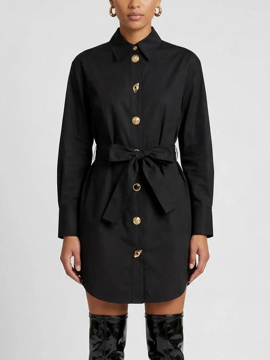 Belted Black Shirt Dress with Decorative Buttons - Small - Dresses