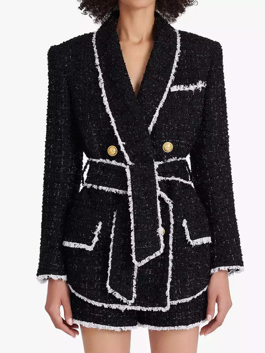 Belted Black with White-Trim Double-Breasted Tweed Jacket and Short Set - Branna Couture