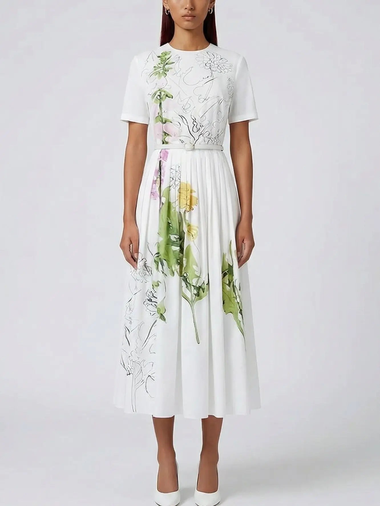 Belted Botanical Illustration Cotton Midi Dress - S - Dresses