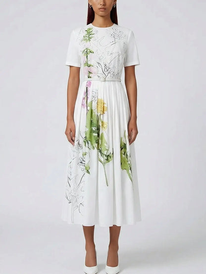 Belted Botanical Illustration Cotton Midi Dress - S - Dresses