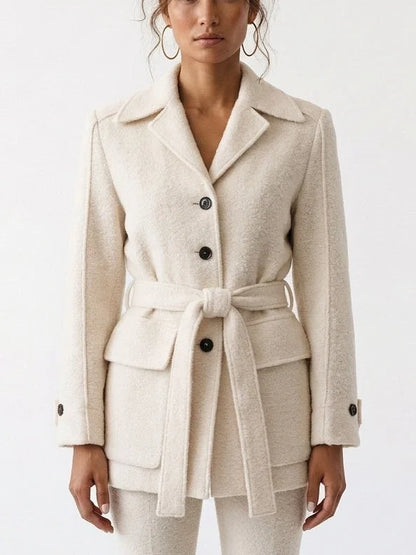 Belted Bouclé Jacket with Patch Pockets - Small / Cream - Jackets