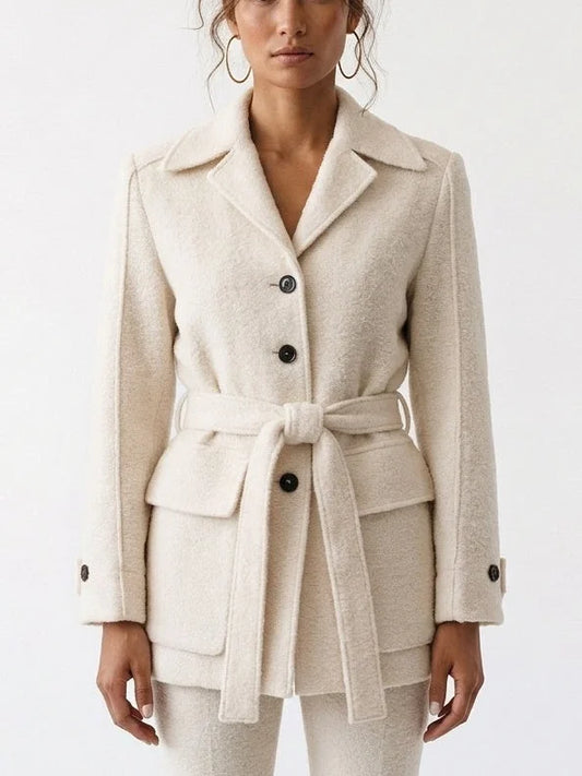Belted Bouclé Jacket with Patch Pockets - Small / Cream - Jackets