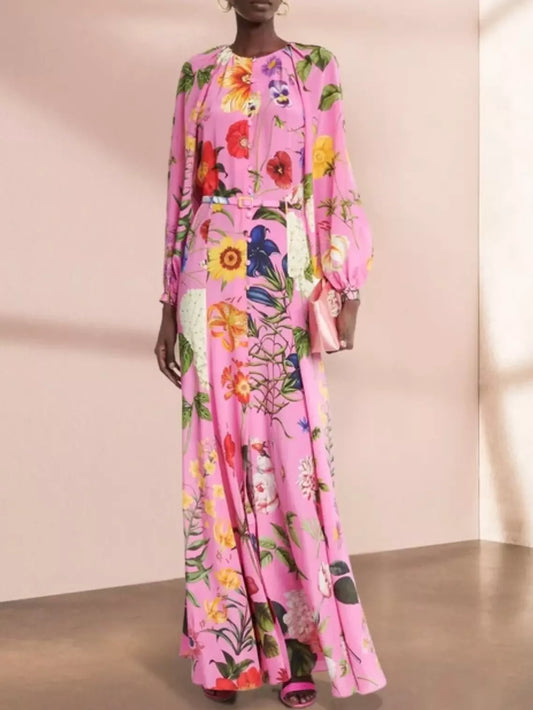 Belted Button-Front Floral-Print Pink Long-Sleeve Maxi Dress - Branna Couture