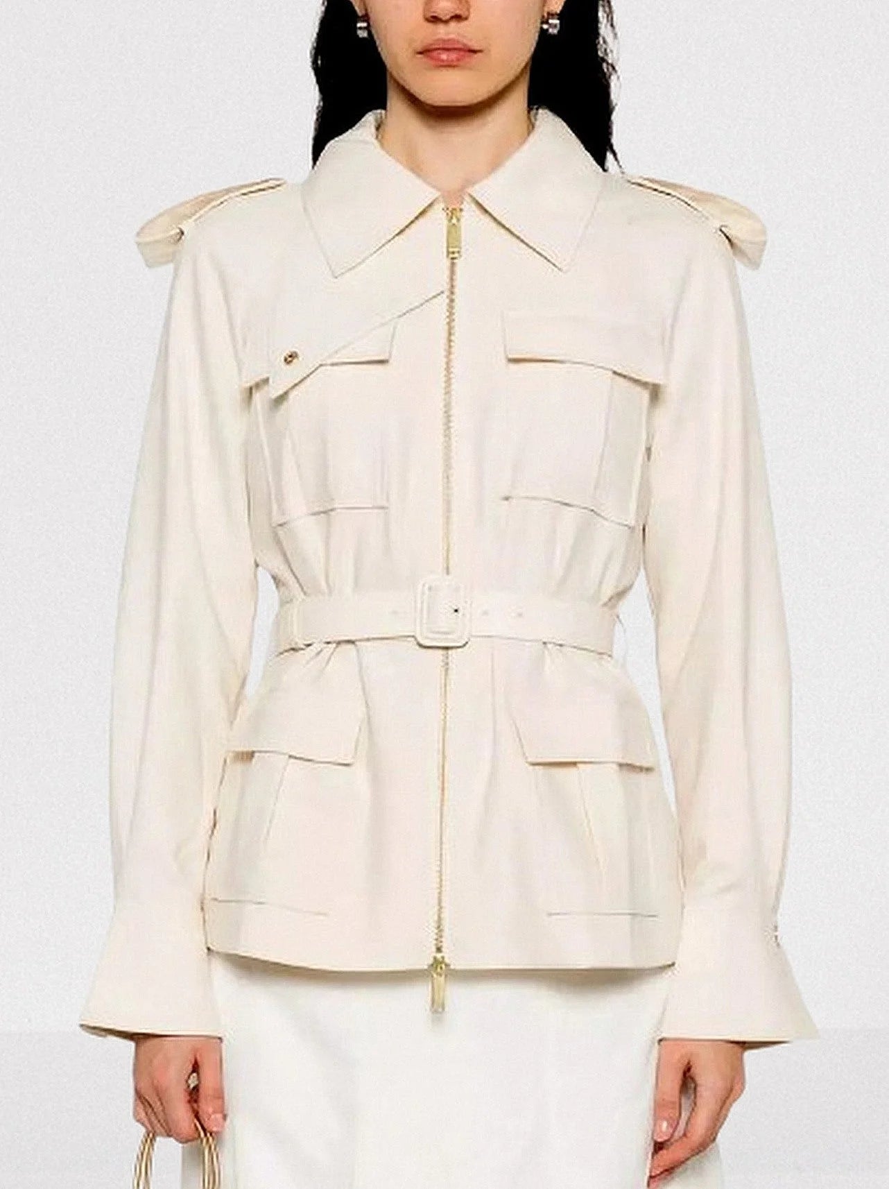 Belted Cream Jacket with Multi Flap Pockets - Small - Jackets