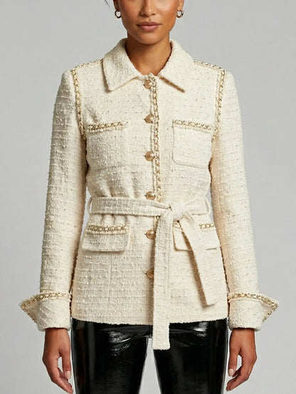 Belted Cream Tweed Jacket with Gold Chain Trim - Small - Jackets