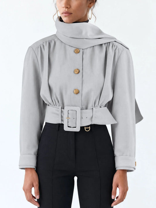 Belted Cropped Scarf Jacket in Light Grey - Small - Jackets