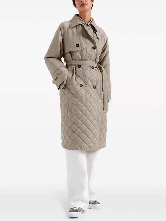 Belted Double-Breasted Quilted Trench Coat in Beige - Branna Couture