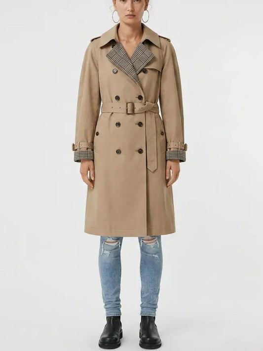 Belted Double-Breasted Trench Coat with Check Trim - Small - Coats