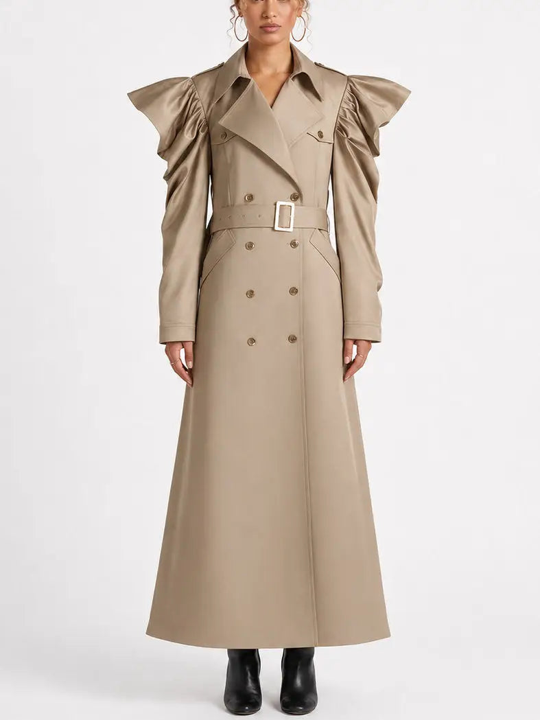 Belted Double-Breasted Trench Coat with Draped Sleeves - Coats