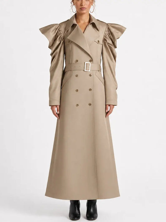 Belted Double-Breasted Trench Coat with Draped Sleeves - Coats