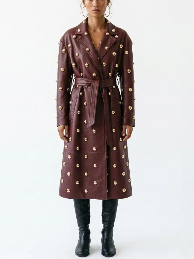 Belted Embellished Leather Long Trench Coat - S / Burgundy - Coats
