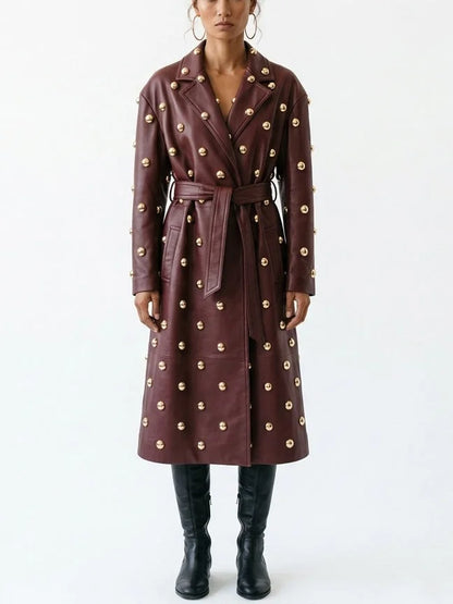 Belted Embellished Leather Long Trench Coat - S / Burgundy - Coats