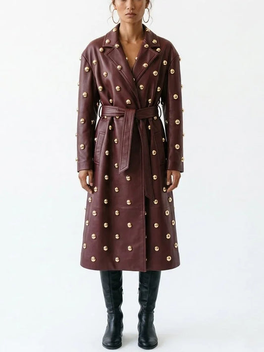 Belted Embellished Leather Long Trench Coat - S / Burgundy - Coats