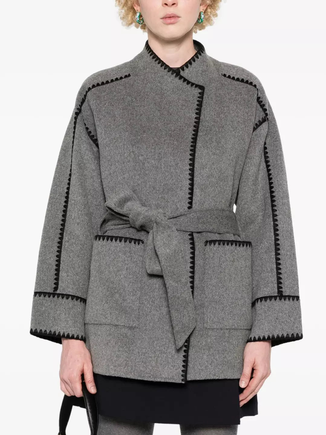 Belted Embroidered Wool-Blend Jacket in Grey Branna Couture