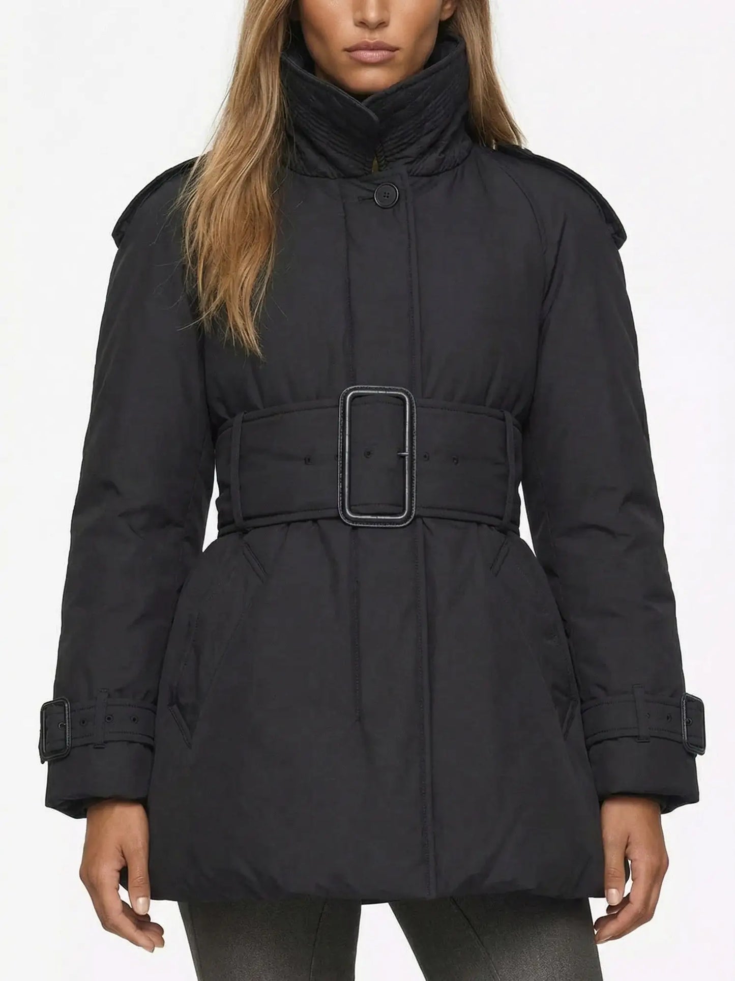 Belted Feather Down Puffer Jacket - Small / Black - Jackets