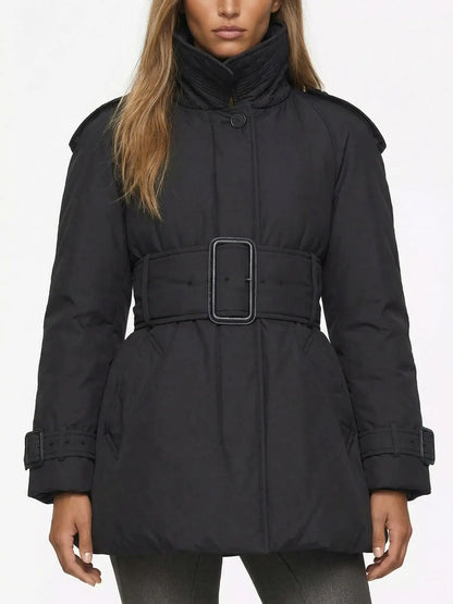 Belted Feather Down Puffer Jacket - Small / Black - Jackets