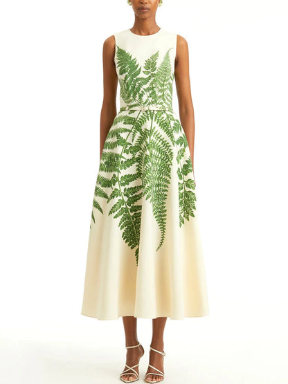 Belted Fern Print A-Line Midi Dress - S - Dresses