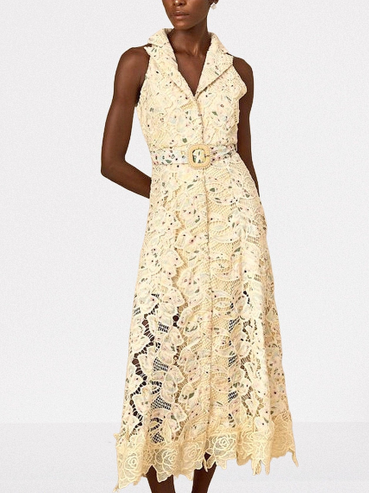 Belted Floral-Embroidered Cut-Out Midi Dress - S - Dresses