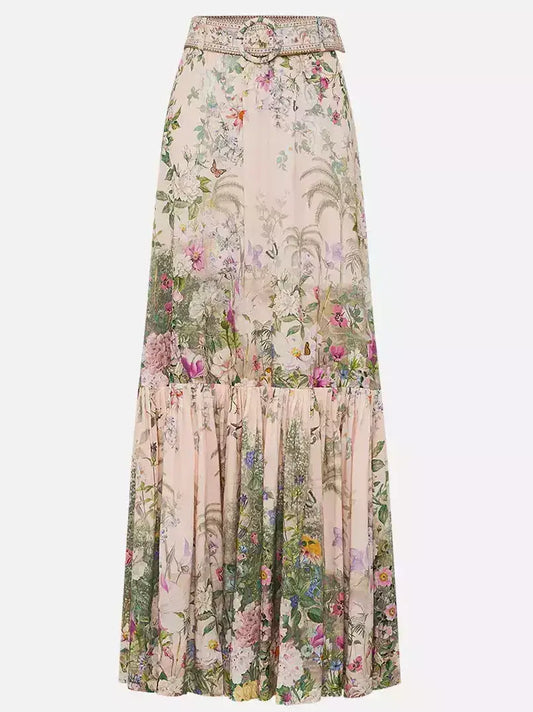 Belted Floral-Print Silk and Linen Maxi Skirt - Small - Skirts