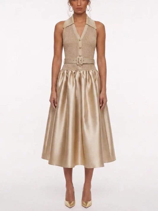 Belted Gold Knit and Satin Midi Dress - Small - Dresses