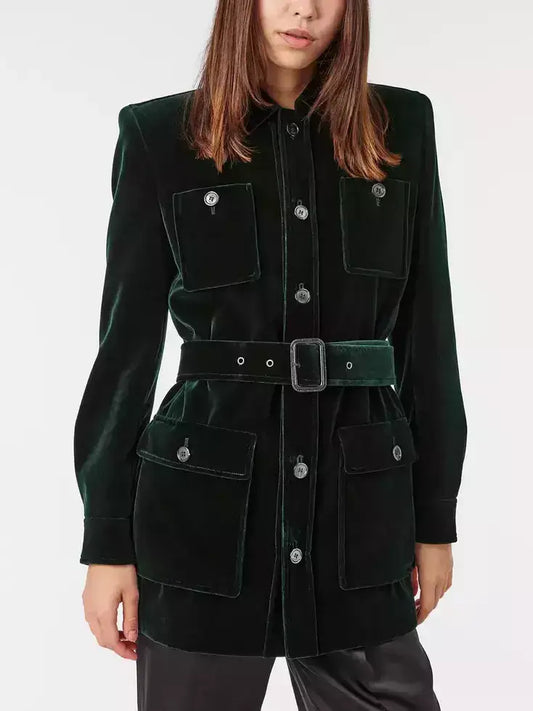 Belted Green Velvet Saharienne Jacket - S - Jackets