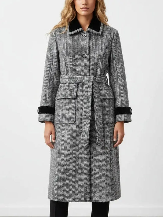 Belted Herringbone Wool Coat with Velvet Trims - S - Coats