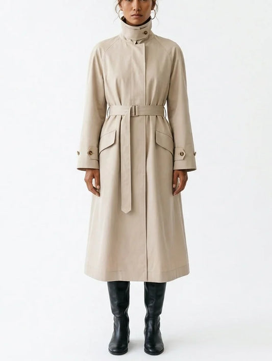 Belted High Collar Cotton Long Trench Coat - S - Coats
