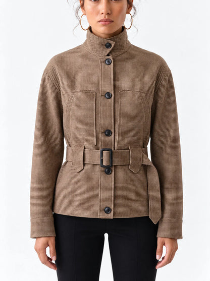 Belted High Neck Check Jacket with Chest Pockets - Small - Jackets