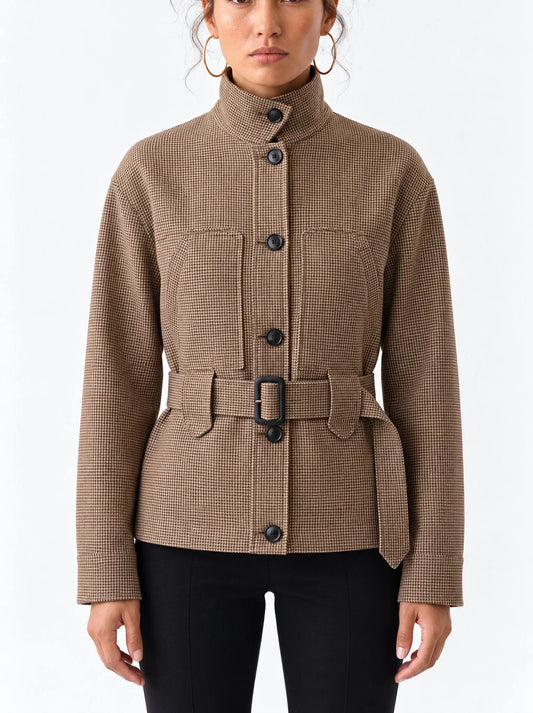 Belted High Neck Check Jacket with Chest Pockets - Small - Jackets