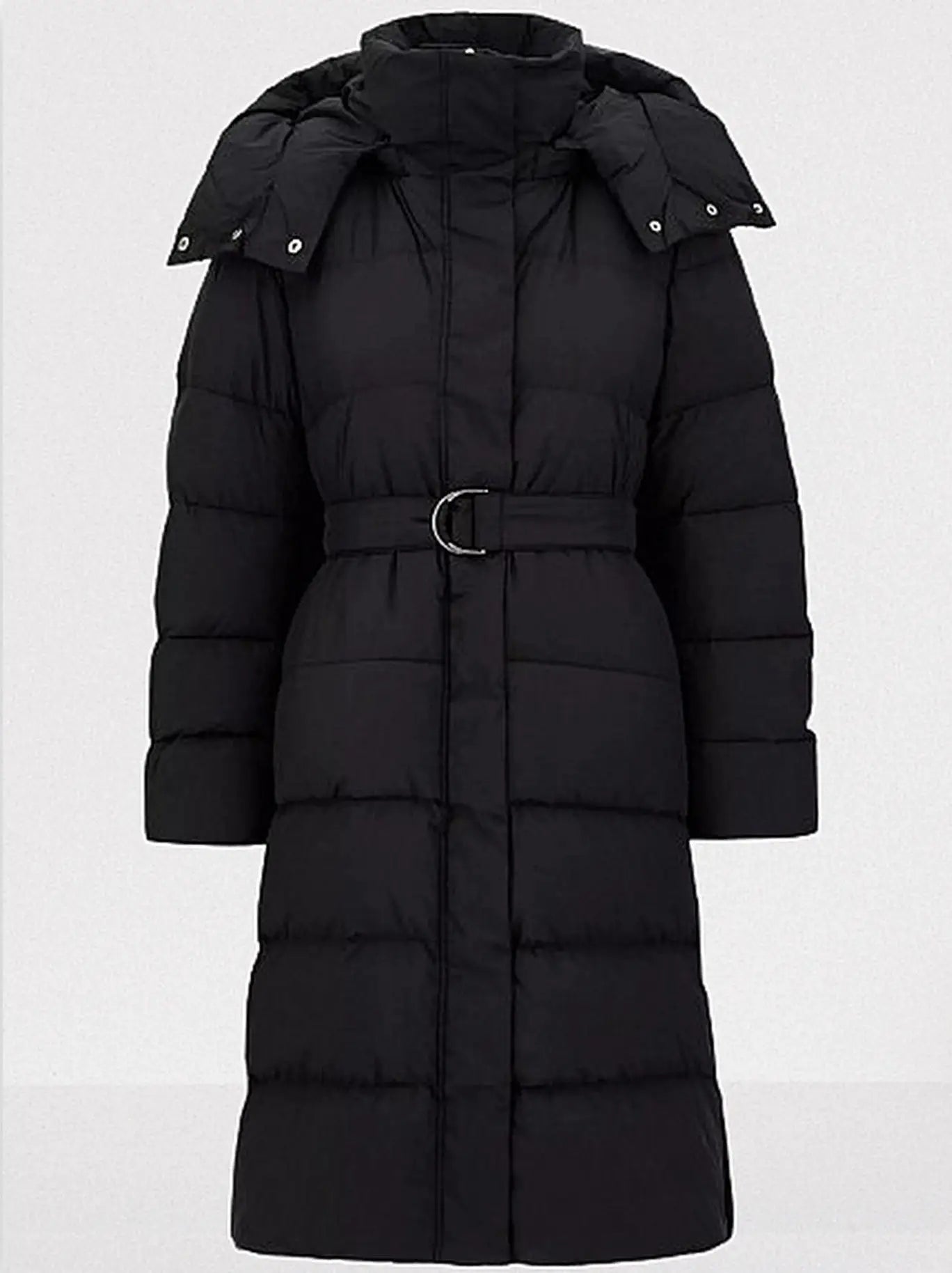 Belted Hooded High-Collar Down Coat in Black - S - Coats
