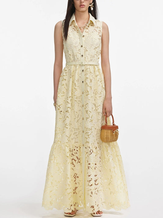 Belted Lace Sleeveless Maxi Dress in Yellow S Dresses