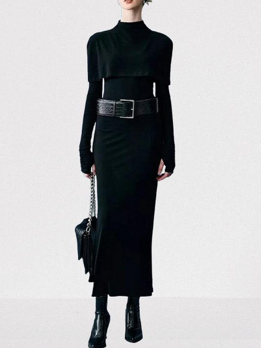 Belted Long Black Capelet High-Neck Dress - XS - Dresses