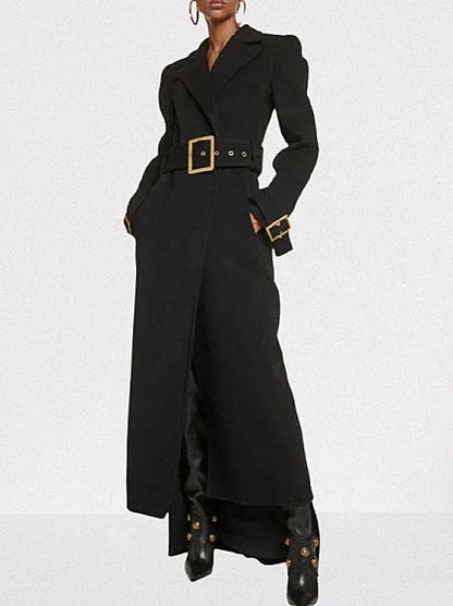 Belted Long Black Wool-Blend Trench Coat - S - Coats