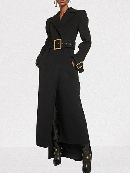 Belted Long Black Wool-Blend Trench Coat - S - Coats