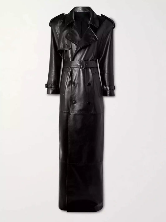 Belted Double-Breasted Long Lambskin Leather Coat - Branna Couture