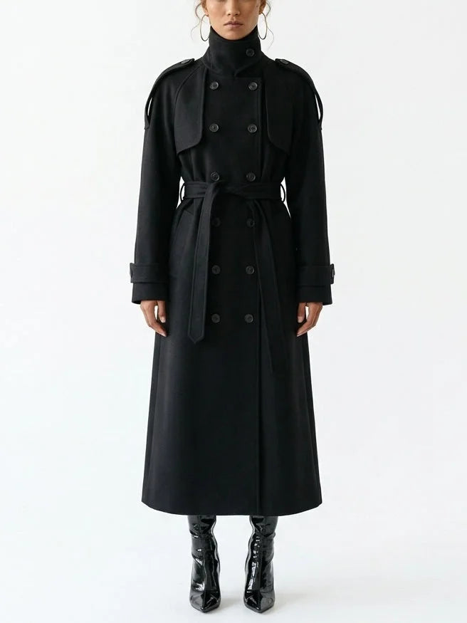 Belted Long Double Breasted Wool Blend Coat - Small - Coats