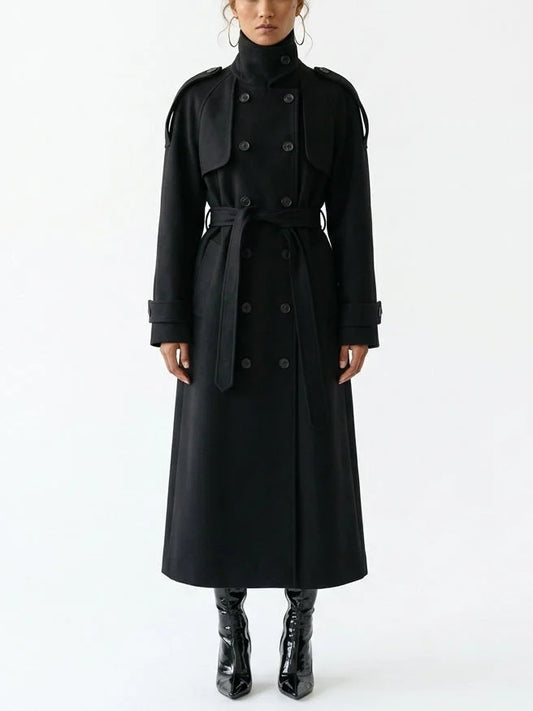 Belted Long Double Breasted Wool Blend Coat - Small - Coats
