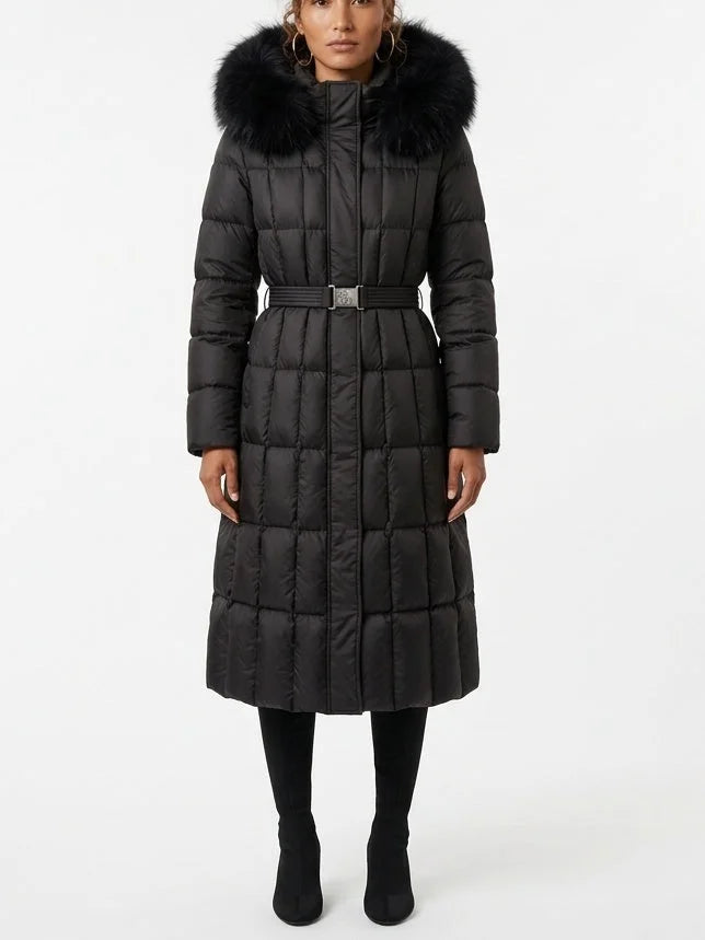 Belted Long Down Coat with Fur Trim Hood - S / Black - Coats