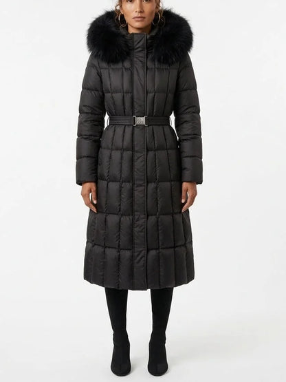 Belted Long Down Coat with Fur Trim Hood - S / Black - Coats