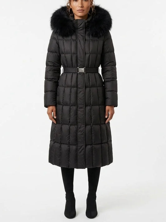 Belted Long Down Coat with Fur Trim Hood - S / Black - Coats
