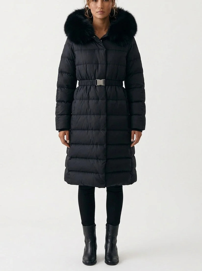 Belted Long Down Coat with Plush Fur Trim Hood - Small / Black - Coats