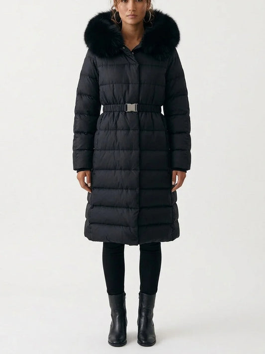 Belted Long Down Coat with Plush Fur Trim Hood - Small / Black - Coats