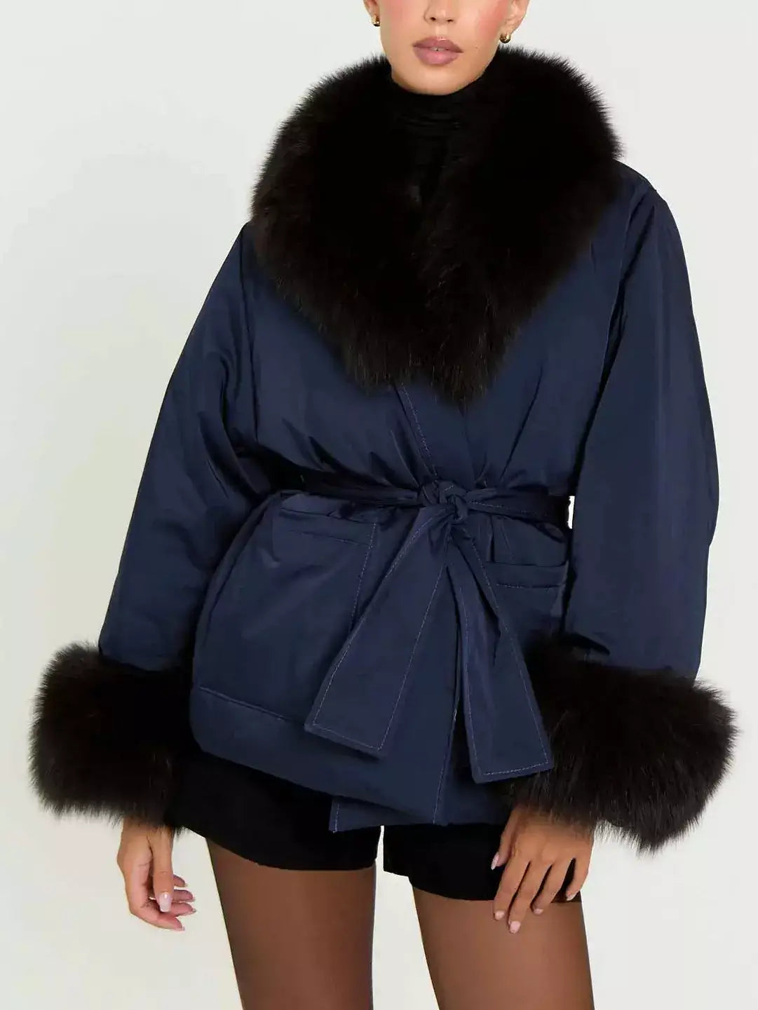 Belted Navy Down Jacket with Fur Trim - Small - Jackets