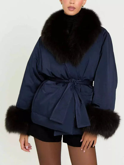 Belted Navy Down Jacket with Fur Trim - Small - Jackets