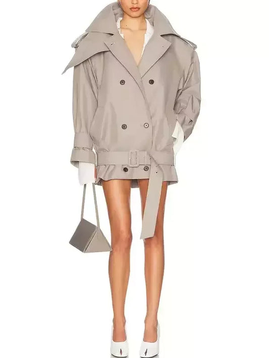 Belted Oversize Double-Breasted Short Trench Coat - Small - Jackets