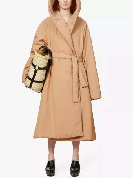 Women’s Belted Padded Wrap Coat in Beige Branna Couture